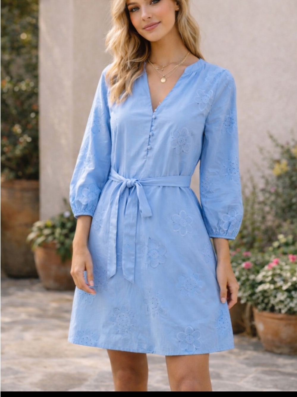 Calypso St. Barth Sky Blue Eyelet Tie-Waist Mini Dress